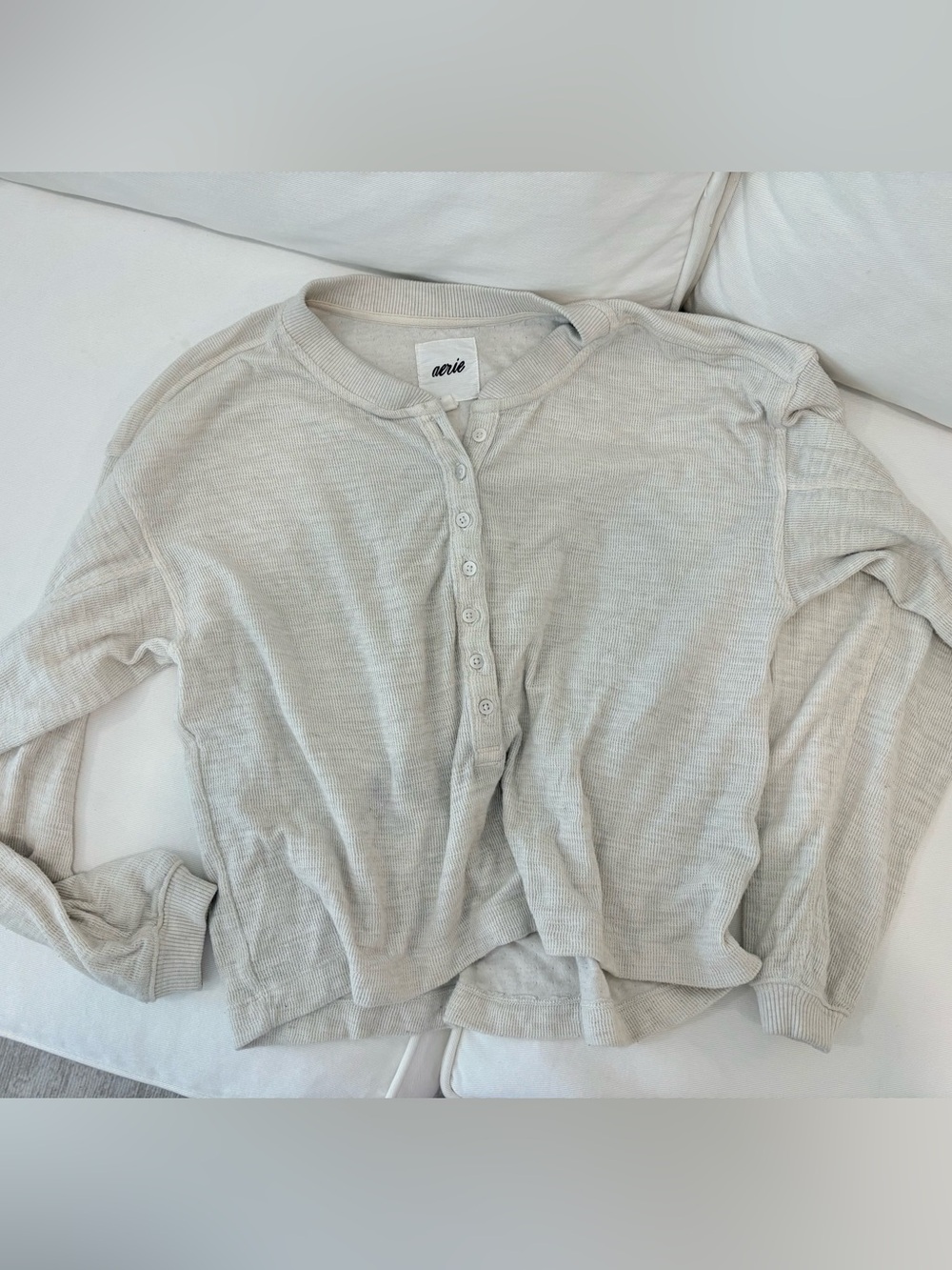 aerie Light Cream Waffle Henley Button-Front Sweater
